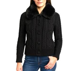 Vintage Size S Faux Fur Cable Knit Cardigan Sweater Black Wool Warm Old Money